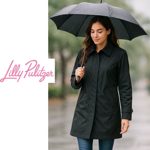 Lily Pulitzer Black Rain Coat Small 4-6 Gore-Tex Pink Lining Waterproof Jacket - Picture 1 of 10